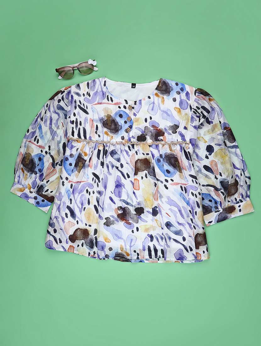 girls printed puff sleeve top