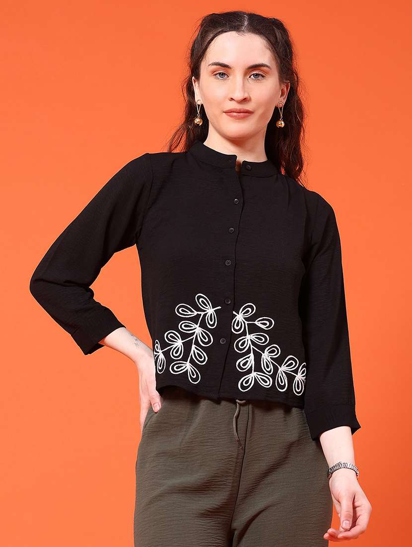 women black cotton mandarin collar embroidered shirt