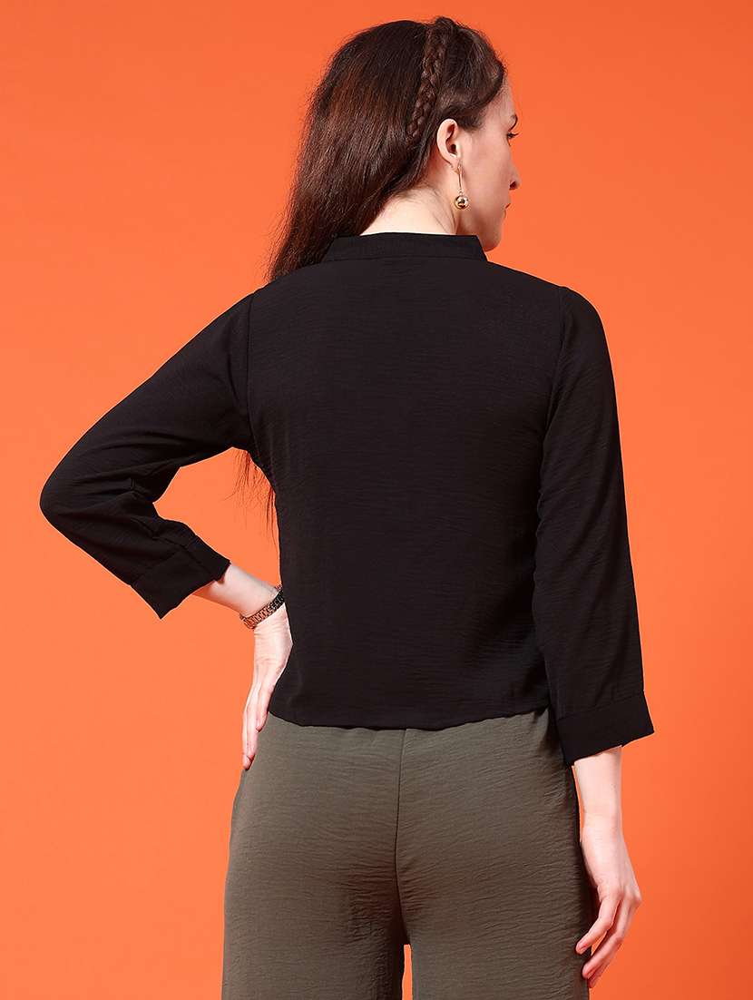 Women Black Cotton Mandarin Collar Embroidered Shirt - 22250928 -  Standard Image - 3
