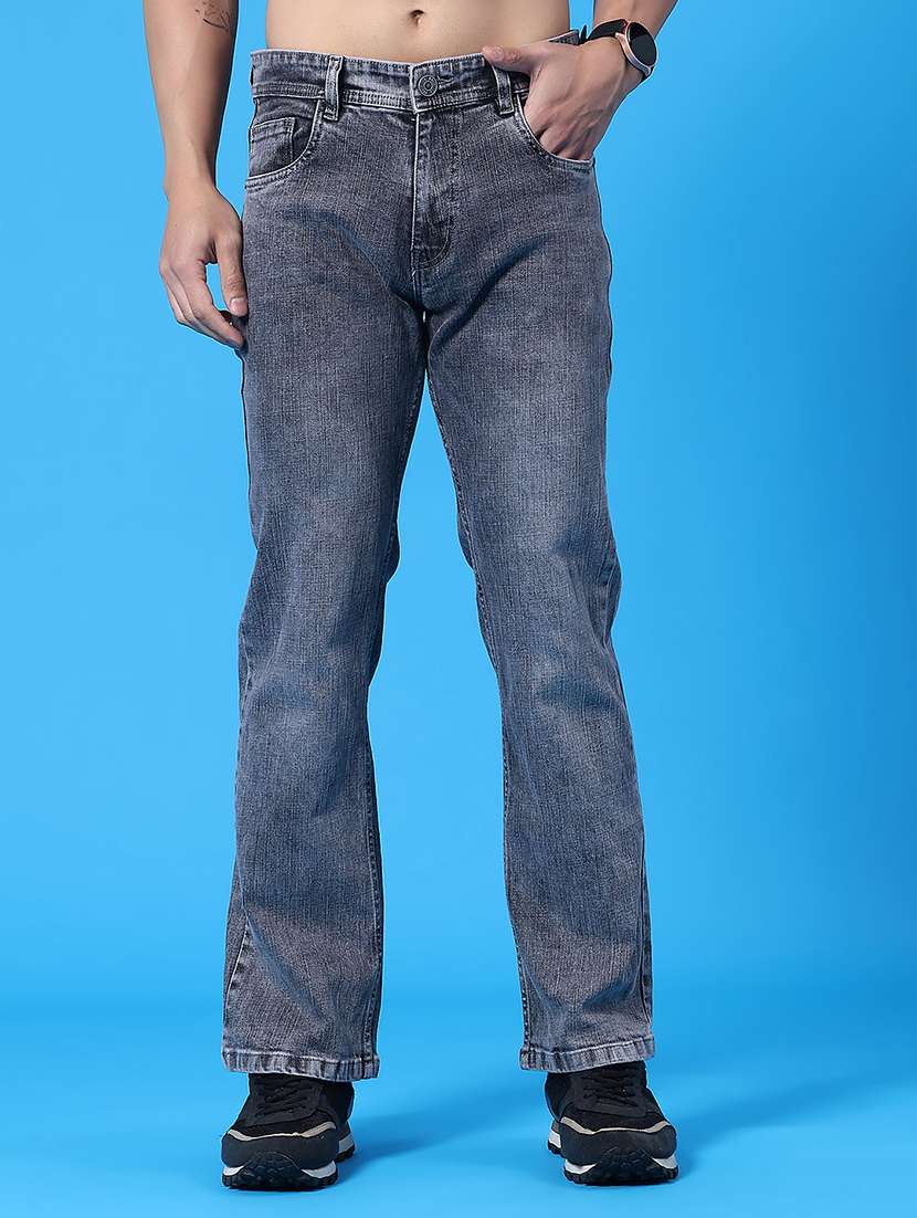 men washed mid rise full length bootcut jeans