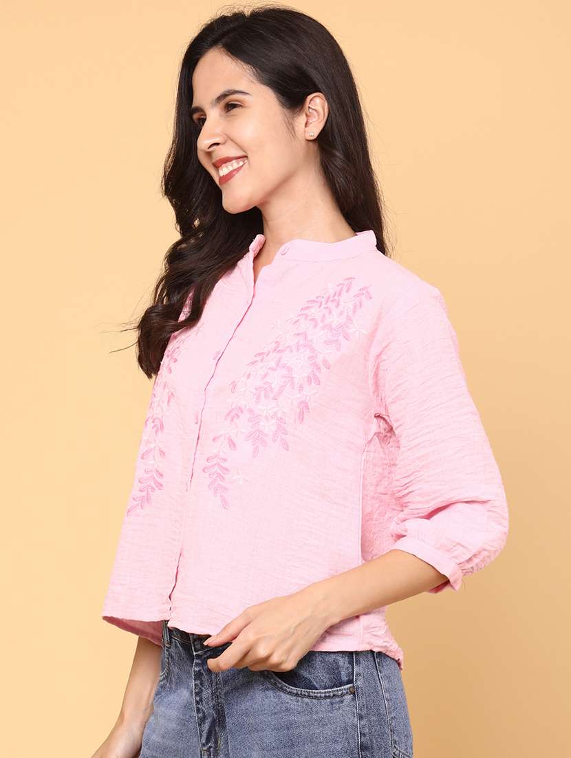 women embroidered three quarter sleeve top