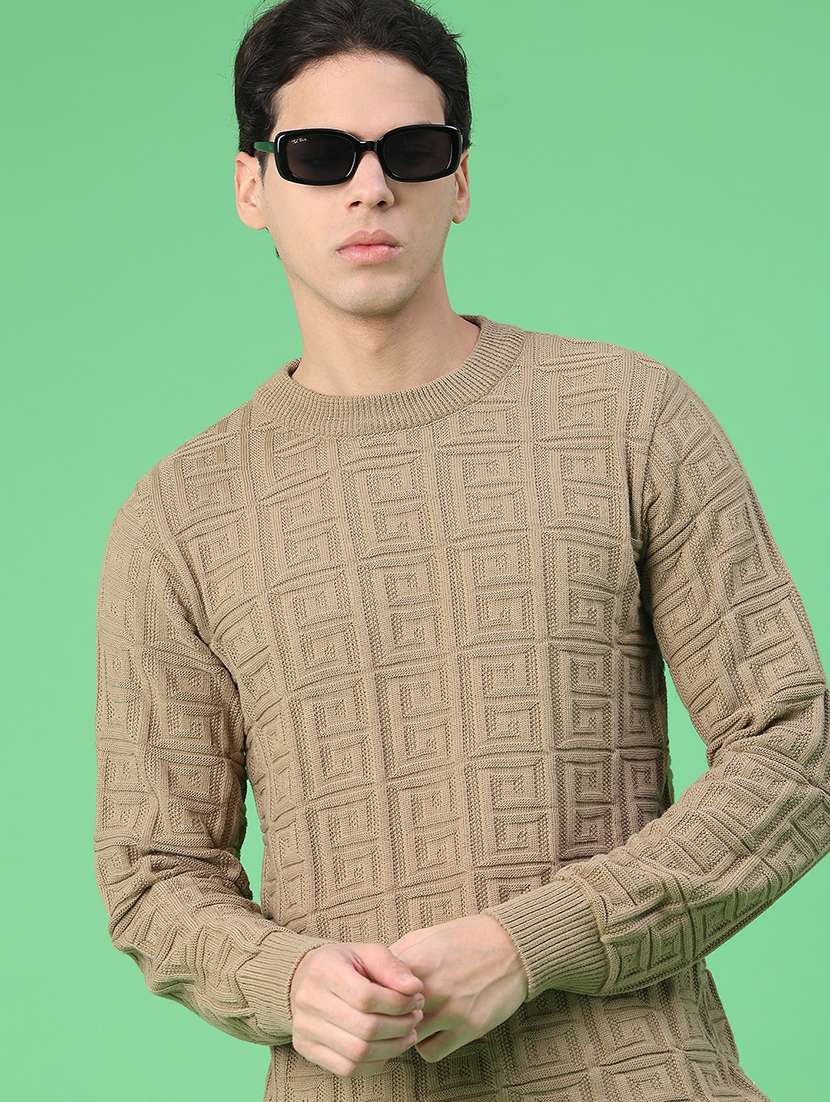 men self design long sleeve regular fit pullover 