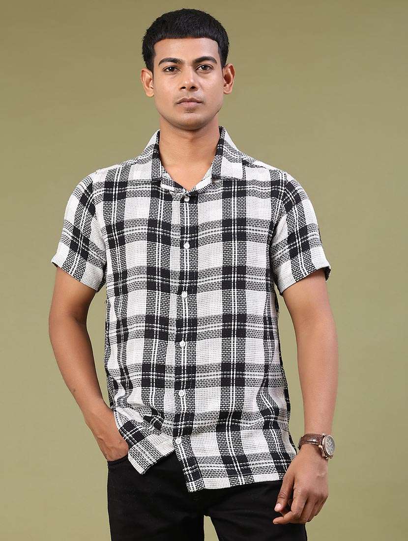 men checkered short sleeve slim fit casual shirt