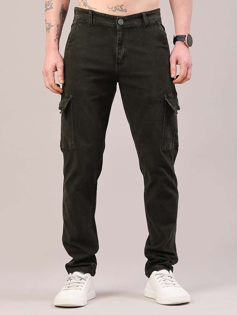 men olive cotton regular fit men cargo