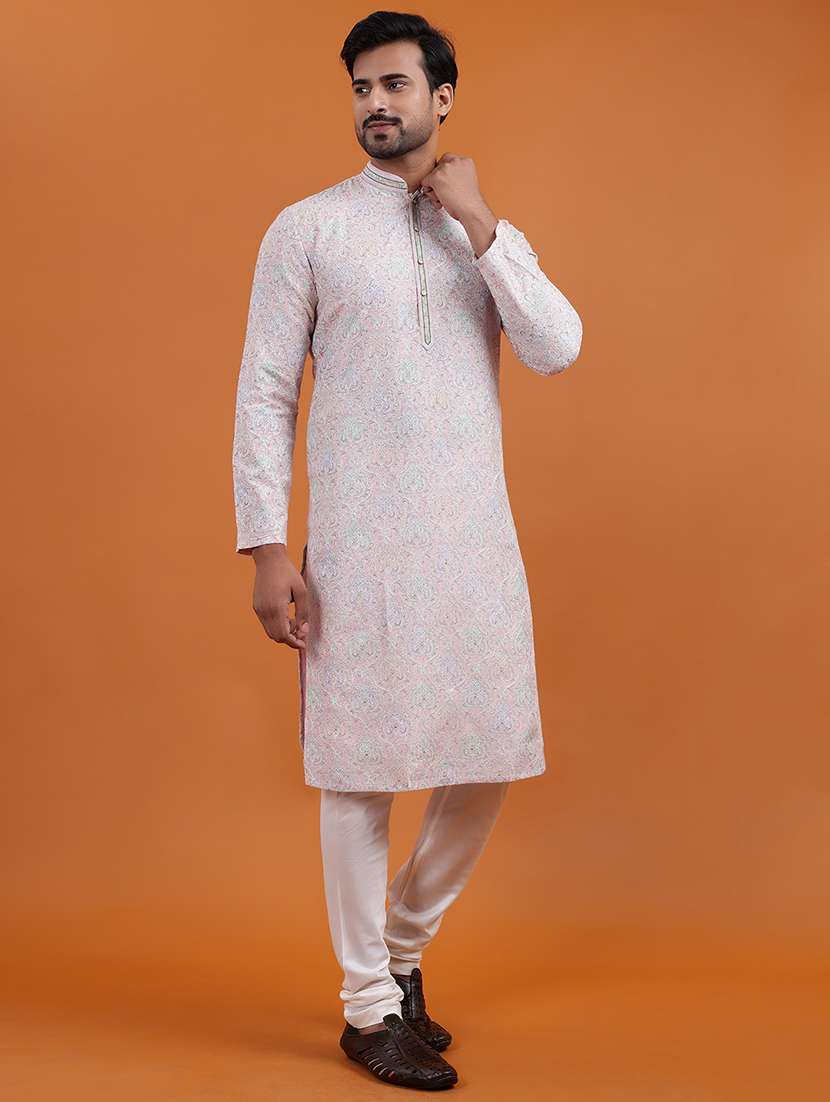men printed mandarin neck long kurta