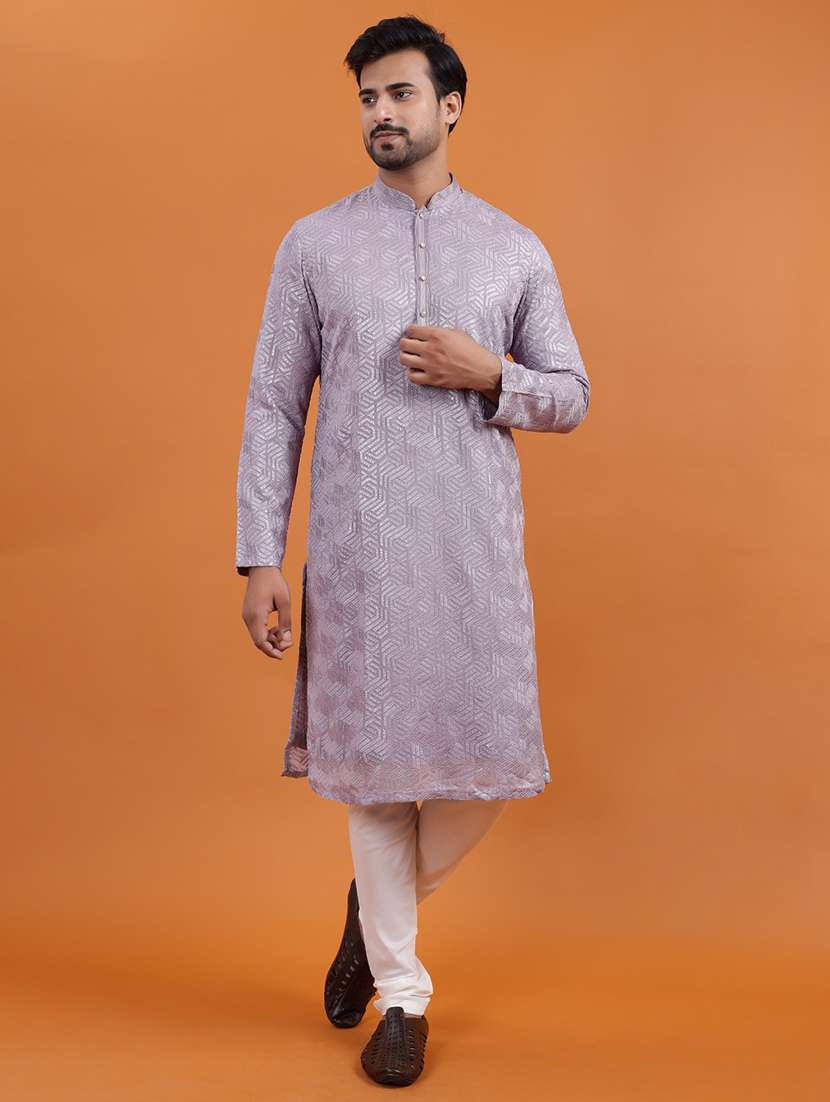 men solid with work mandarin neck long kurta