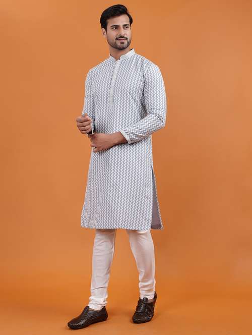 men chevron mandarin neck long kurta - 22251981 -  Standard Image - 0