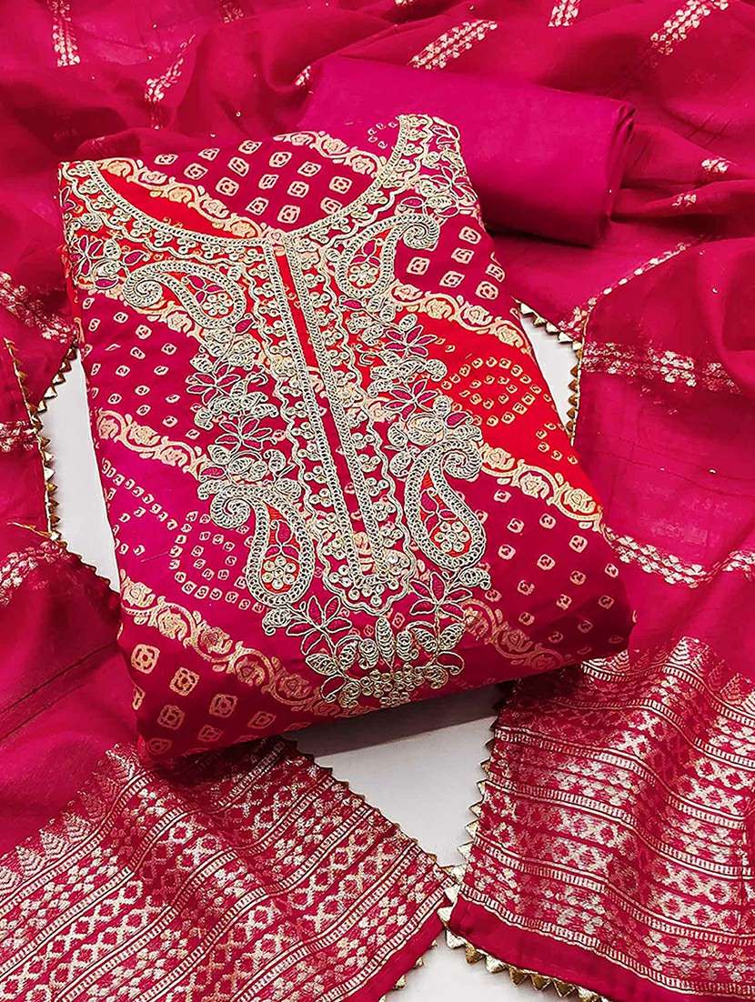 women bandhani embroidered unstitched suit set