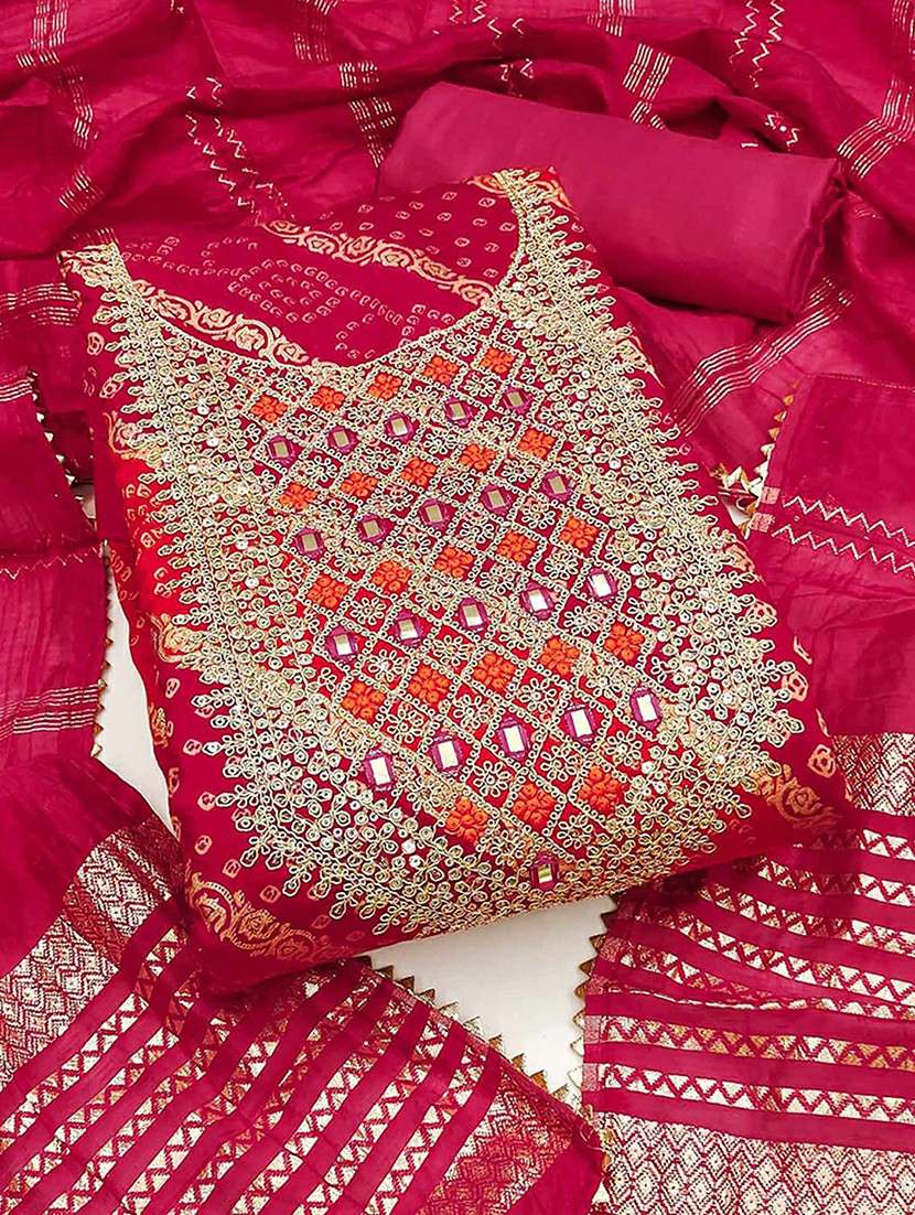 women bandhani embroidered unstitched suit set