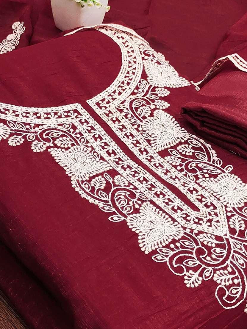 women solid with work embroidered unstitched suit set - 22252120 -  Standard Image - 3