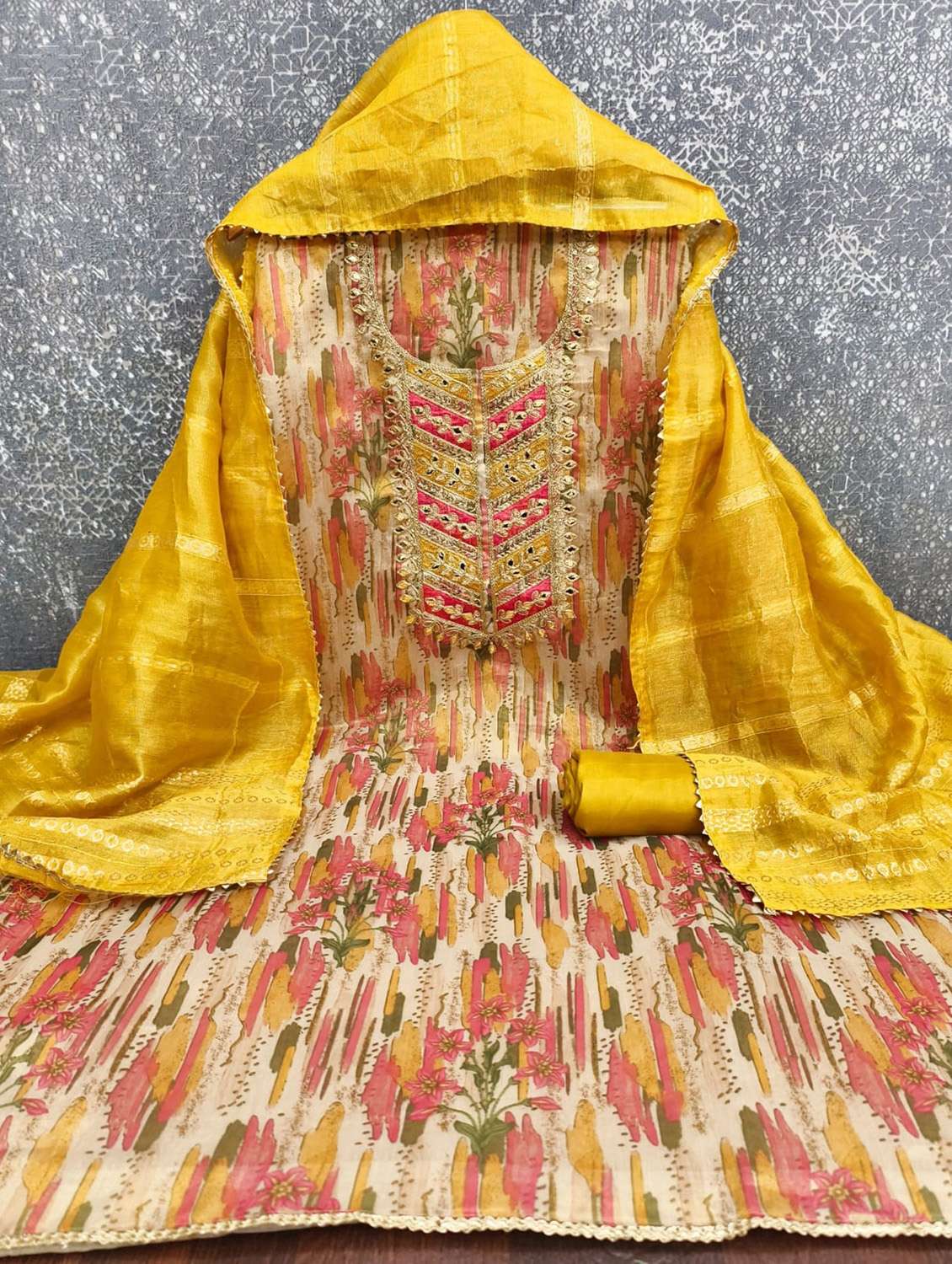 women printed embroidered unstitched suit set