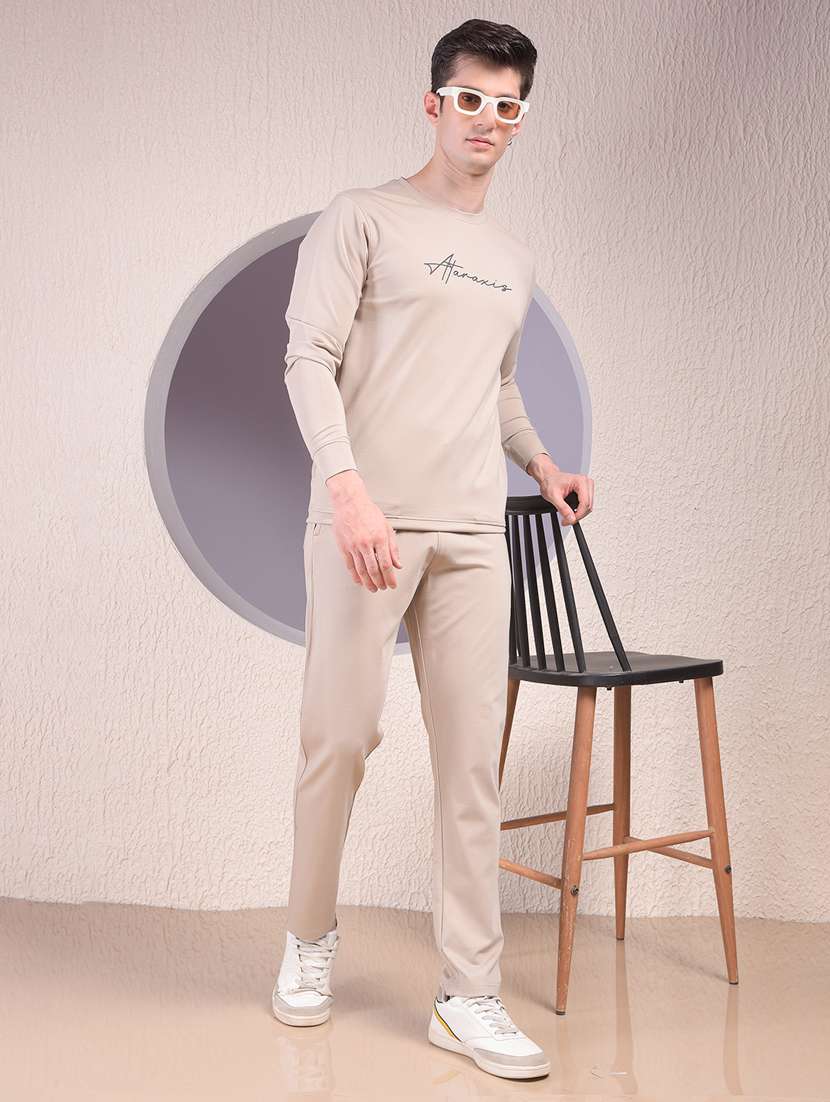 men solid long sleeve full length co-ord set
