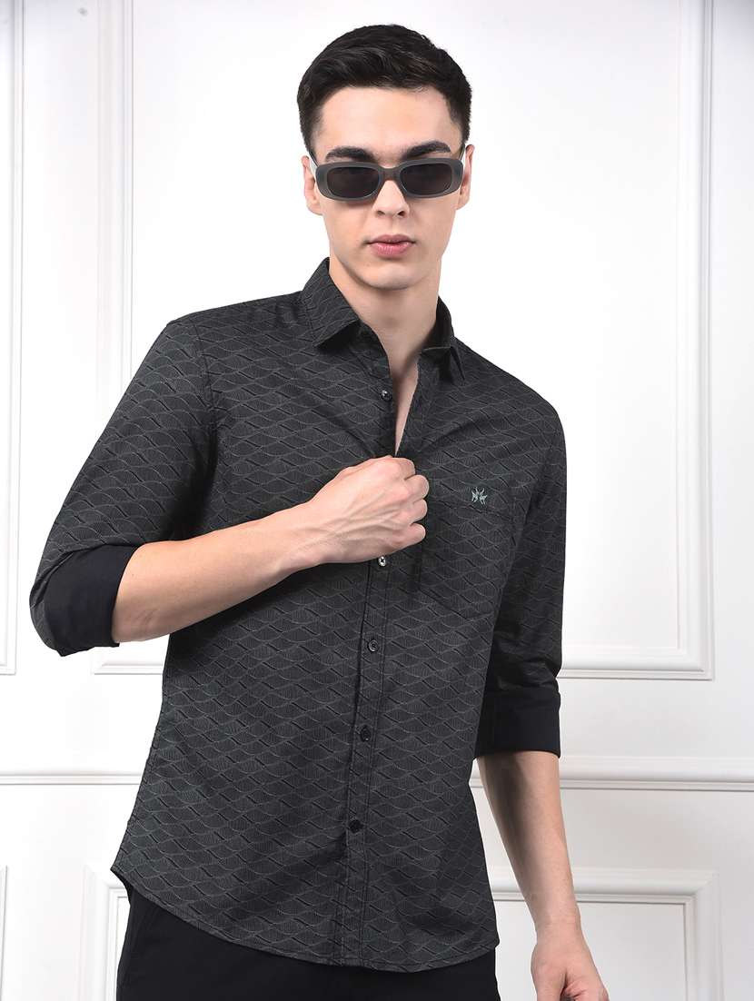 men self design long sleeve slim fit casual shirt