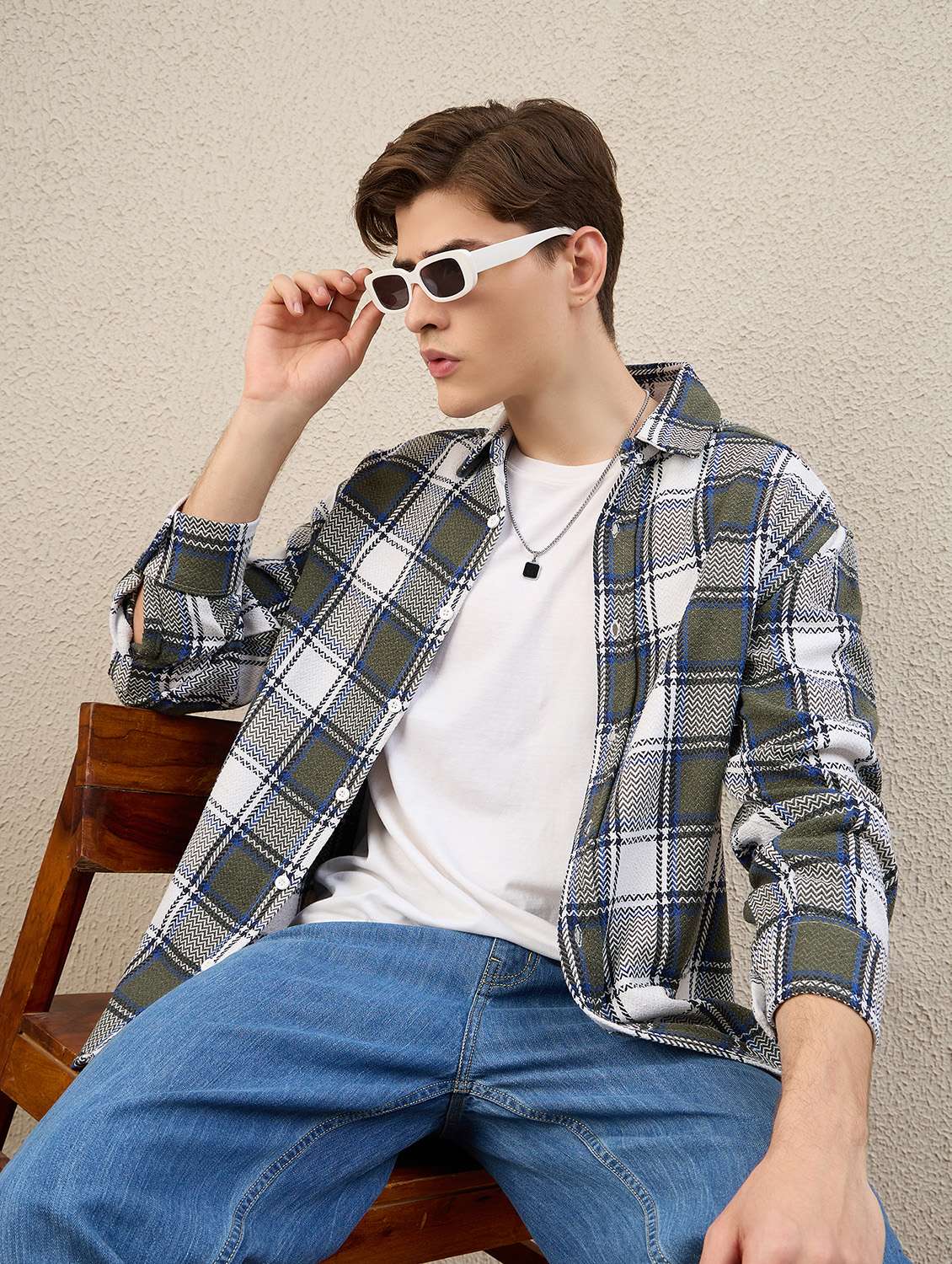 men checkered long sleeve oversized shacket