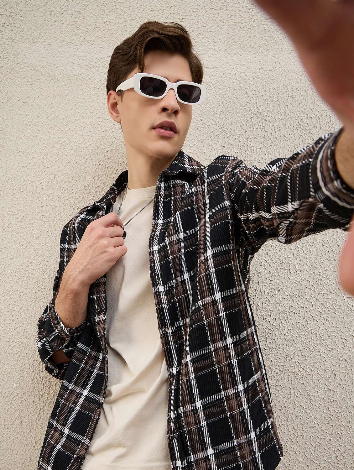 men checkered long sleeve oversized shacket