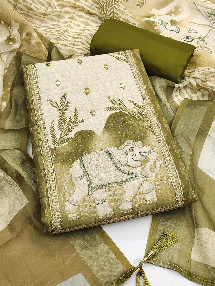 women printed mirror work unstitched suit set