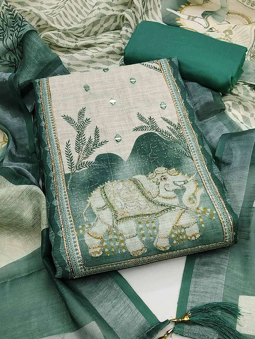 women printed mirror work unstitched suit set