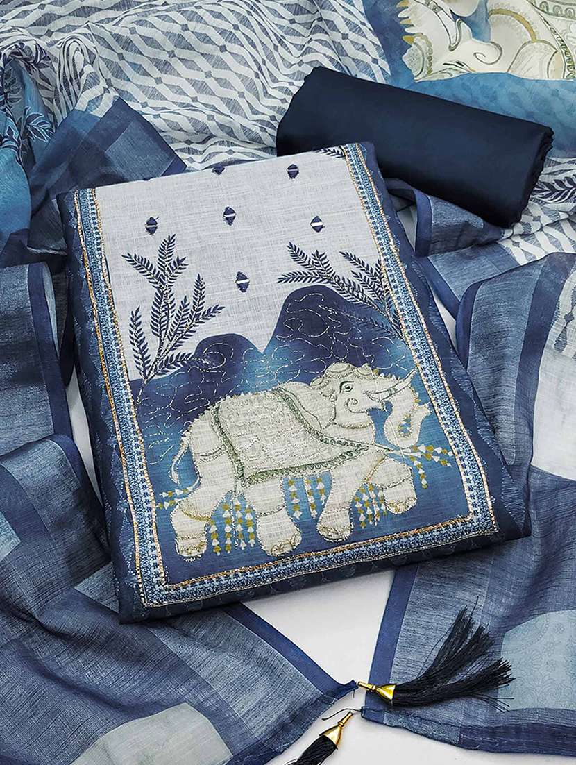 women printed mirror work unstitched suit set