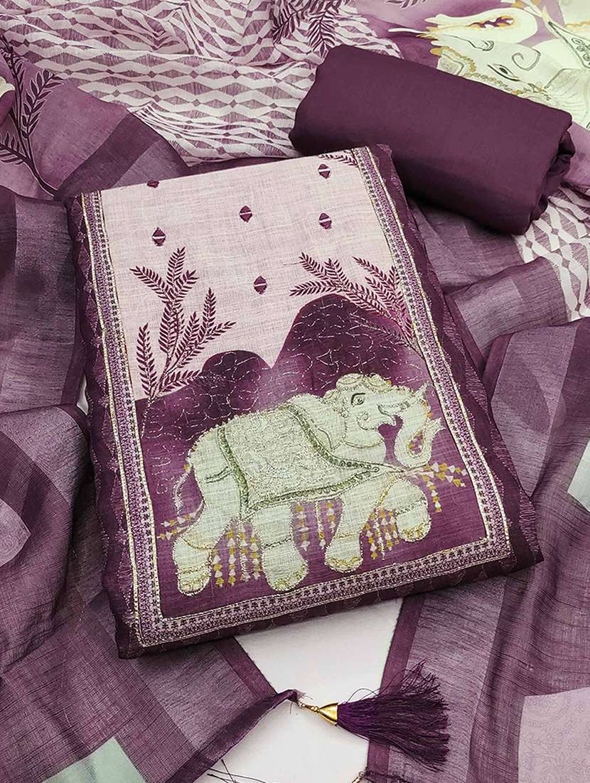 women printed mirror work unstitched suit set