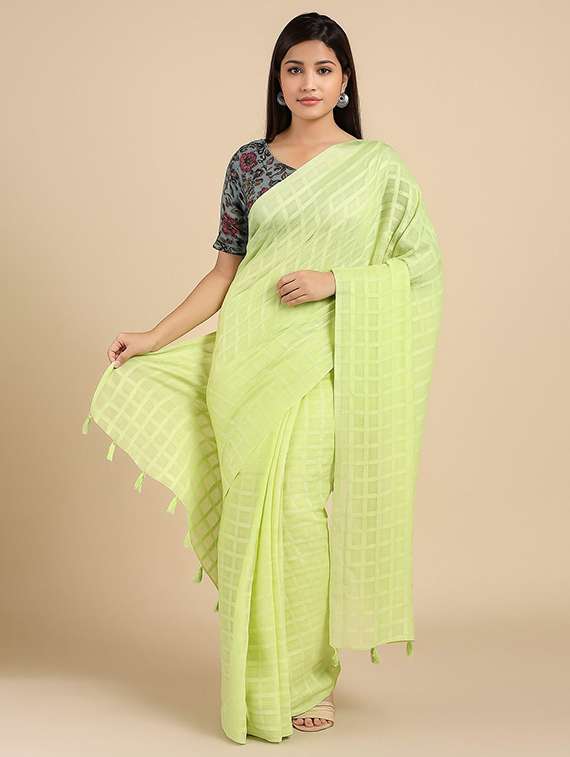 women checkered plain saree with blouse