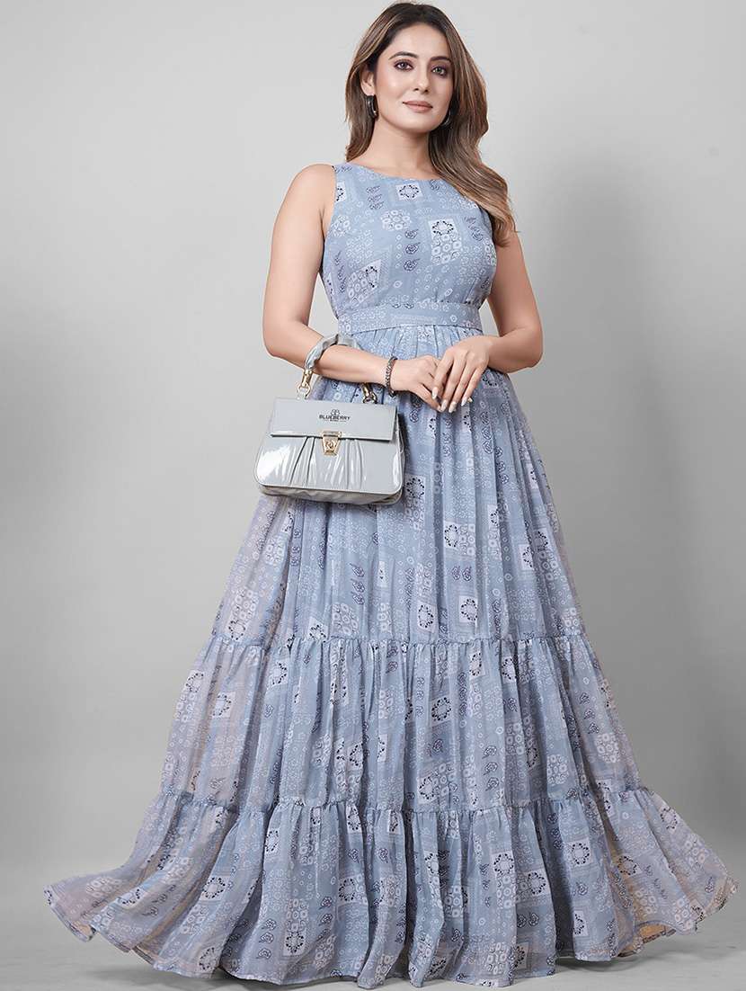 women printed round neck tiered maxi dress