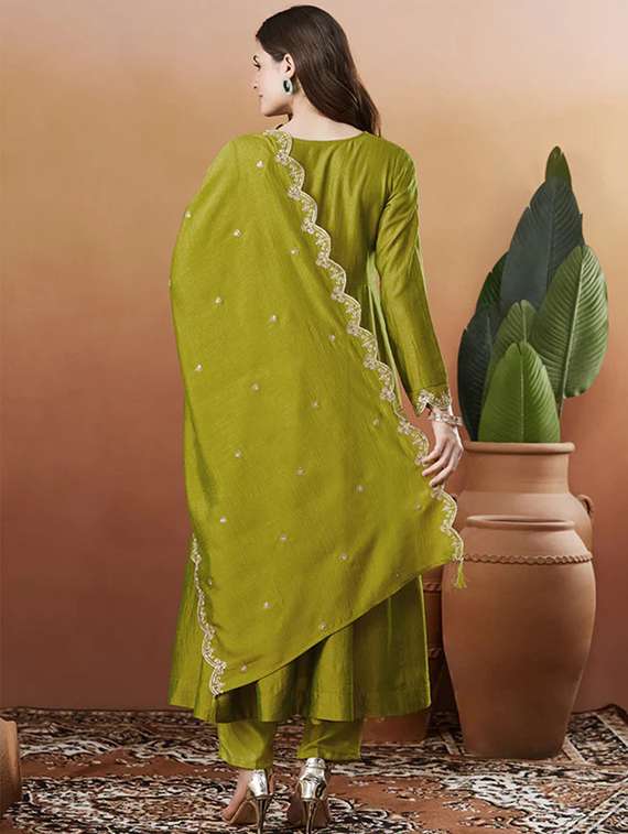 women solid with work long sleeve kurta pant with dupatta set - 22253560 -  Standard Image - 3