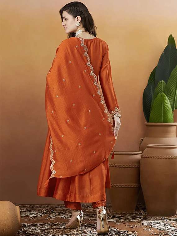 women solid with work long sleeve kurta pant with dupatta set - 22253562 -  Standard Image - 3