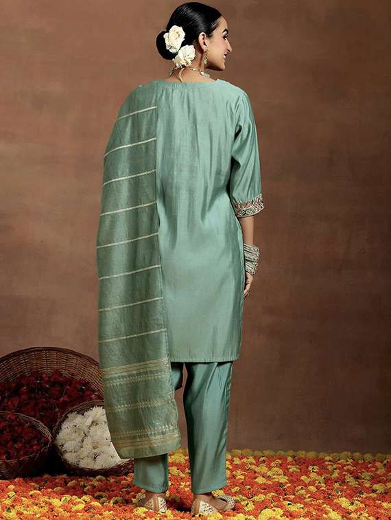 women solid with work three quarter sleeve kurta pant with dupatta set - 22253565 -  Standard Image - 3