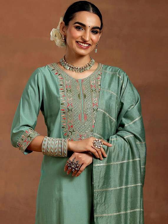 women solid with work three quarter sleeve kurta pant with dupatta set - 22253565 -  Standard Image - 5