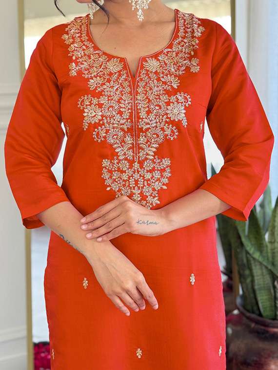 women solid with work three quarter sleeve kurta pant with dupatta set - 22253566 -  Standard Image - 5