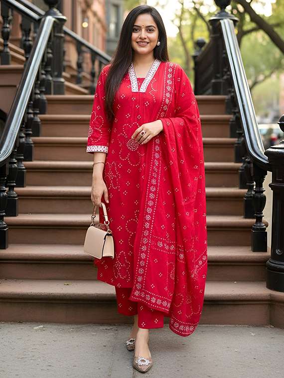 women printed three quarter sleeve kurta pant with dupatta set