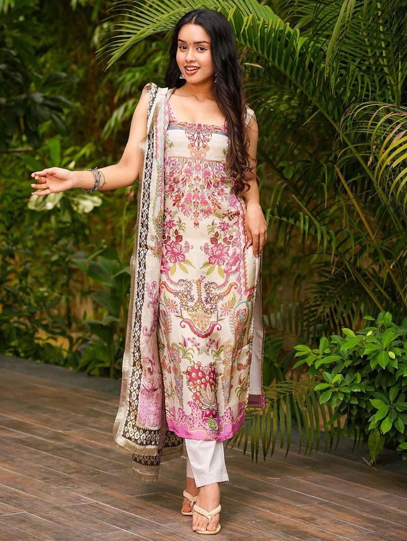women printed sleeveless kurta pant with dupatta set