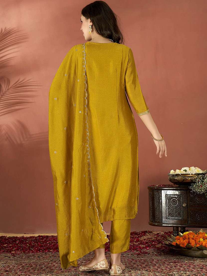 women solid with work three quarter sleeve kurta pant with dupatta set - 22253584 -  Standard Image - 3