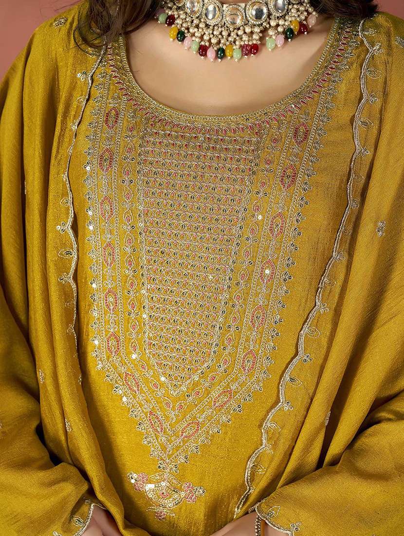 women solid with work three quarter sleeve kurta pant with dupatta set - 22253584 -  Standard Image - 5