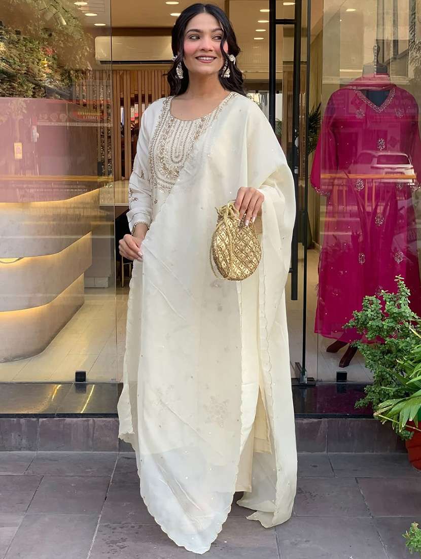 women solid with work three quarter sleeve kurta pant with dupatta set - 22253586 -  Standard Image - 3