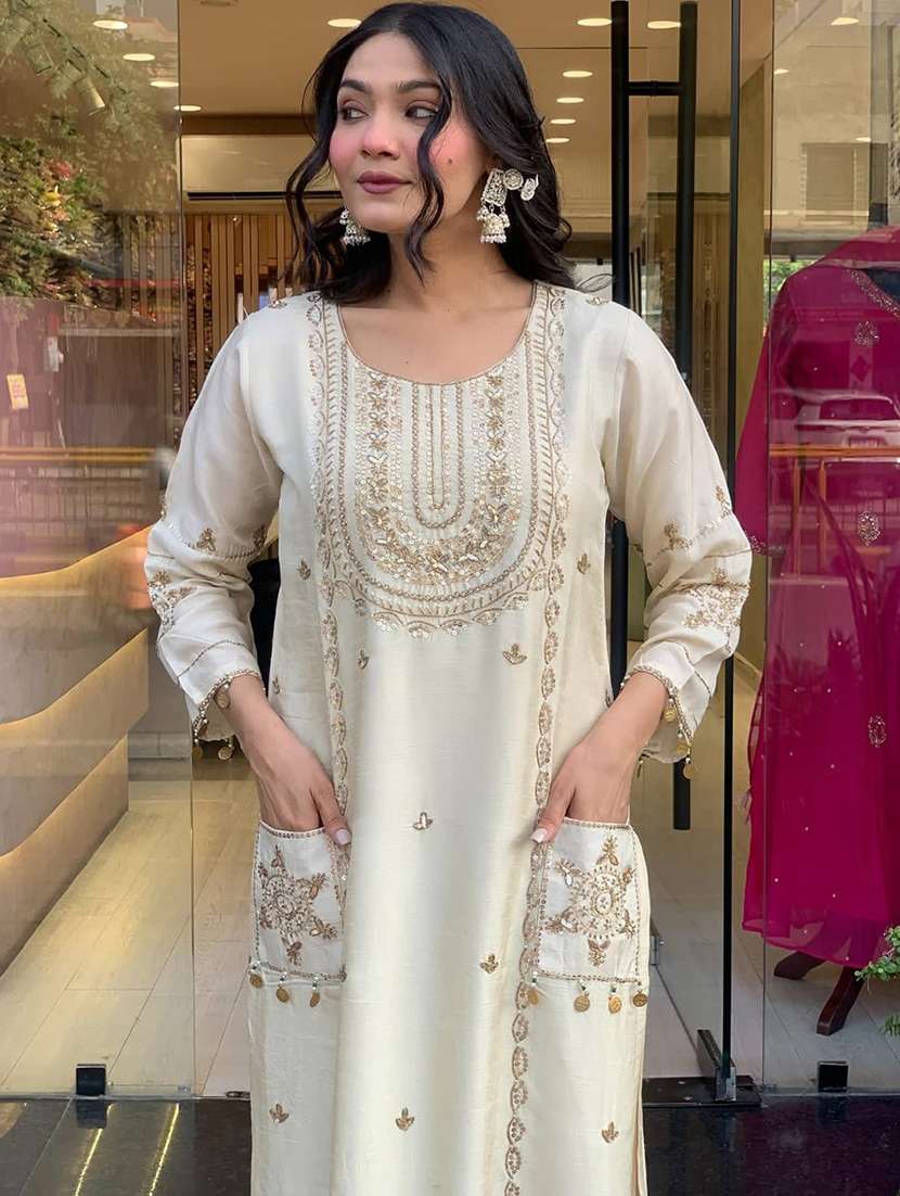 women solid with work three quarter sleeve kurta pant with dupatta set - 22253586 -  Standard Image - 5