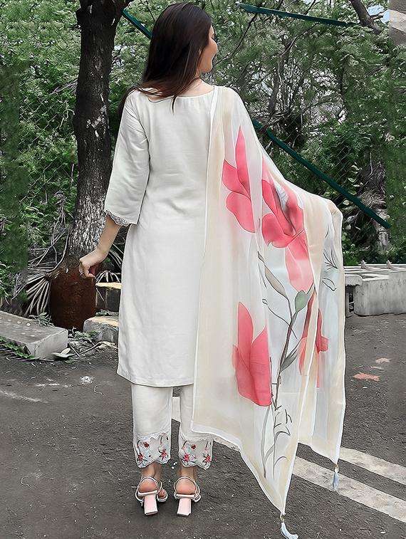 women solid with work three quarter sleeve kurta pant with dupatta set - 22253587 -  Standard Image - 3