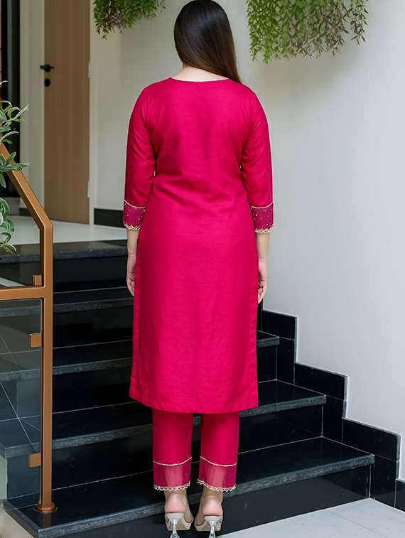 women solid with work three quarter sleeve kurta pant with dupatta set - 22253593 -  Standard Image - 3