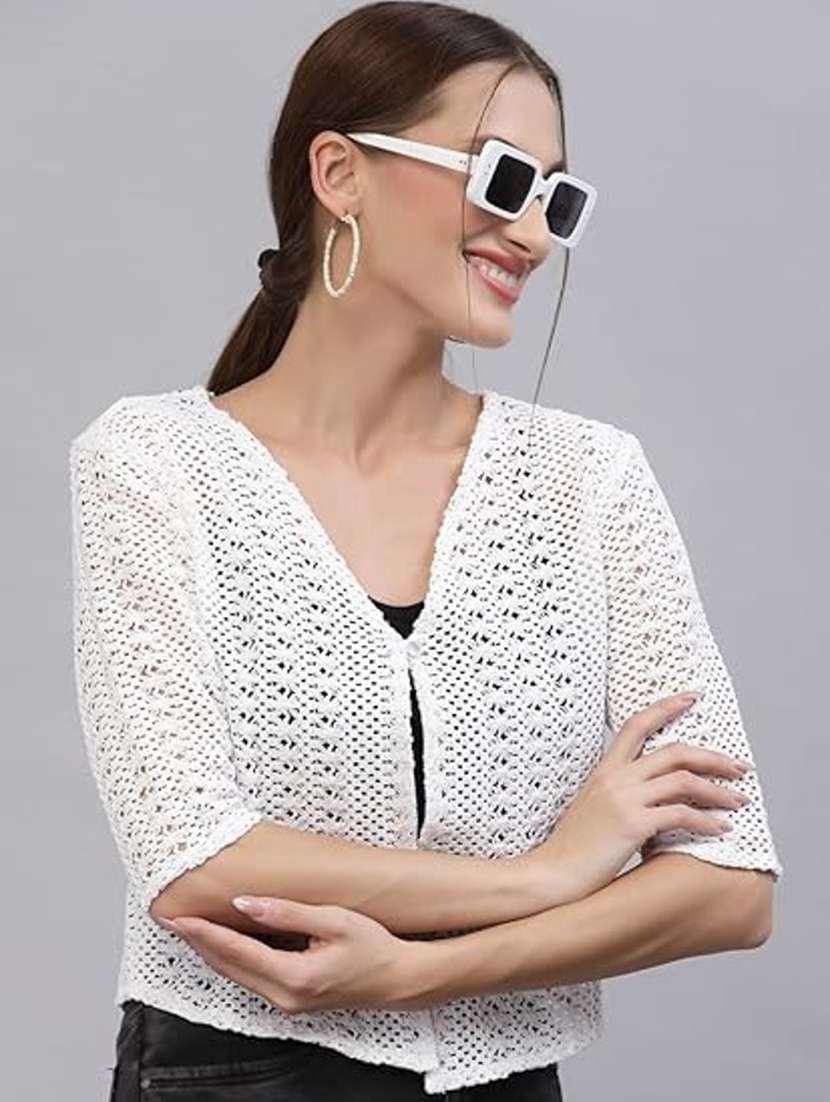women solid three qaurter sleeve crochet shrug