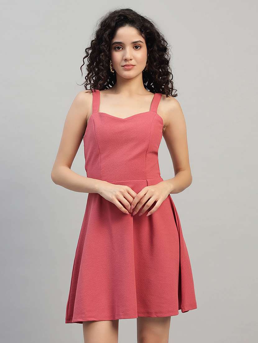 women solid shoulder strap fit and flare dress