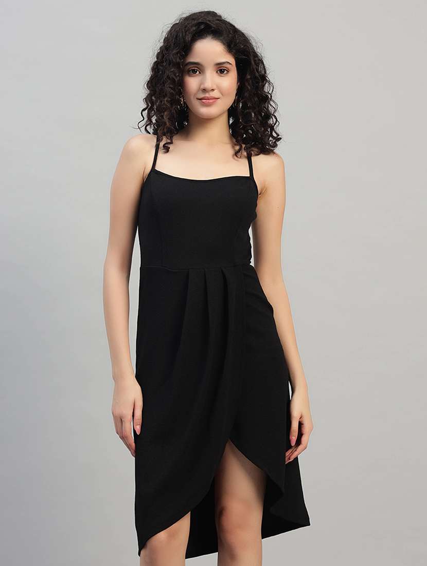 women solid shoulder strap asymmetric dress