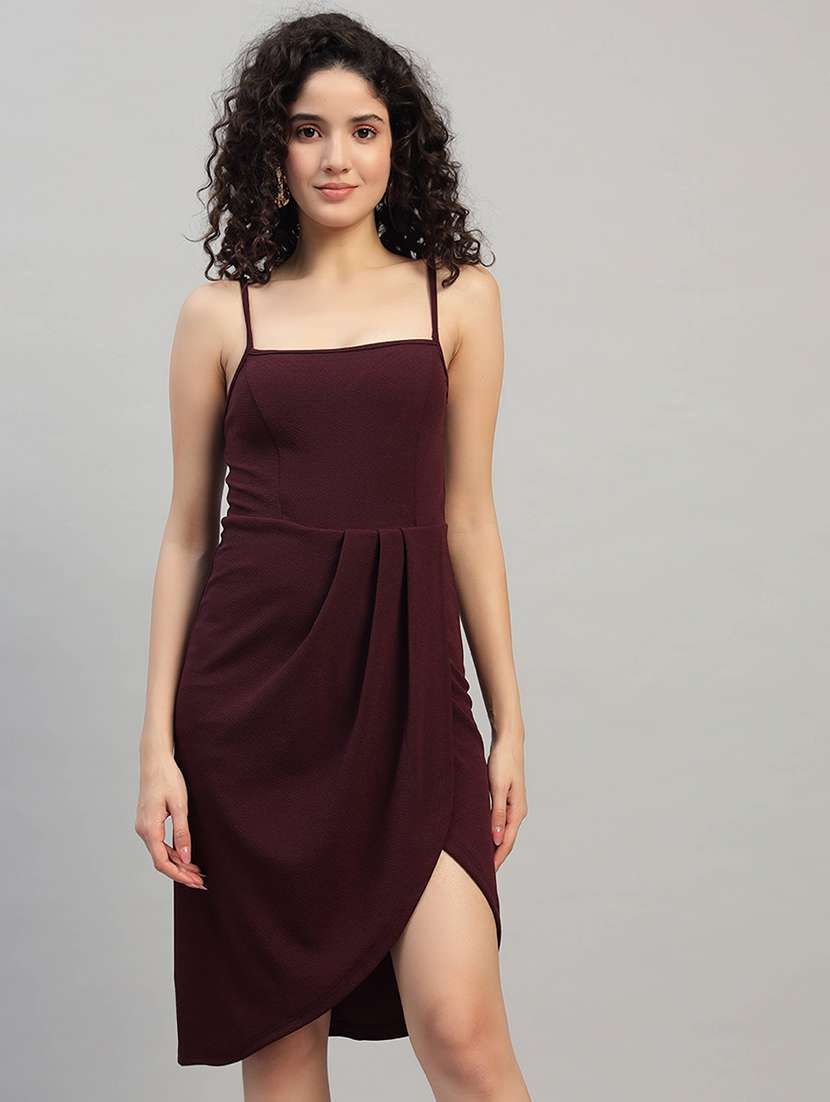 women solid shoulder strap asymmetric dress