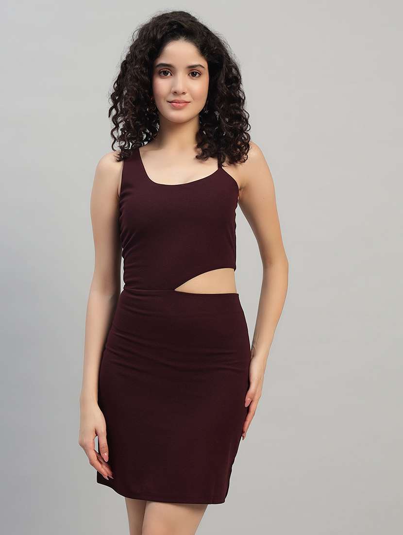 women solid shoulder strap cut out bodycon dress