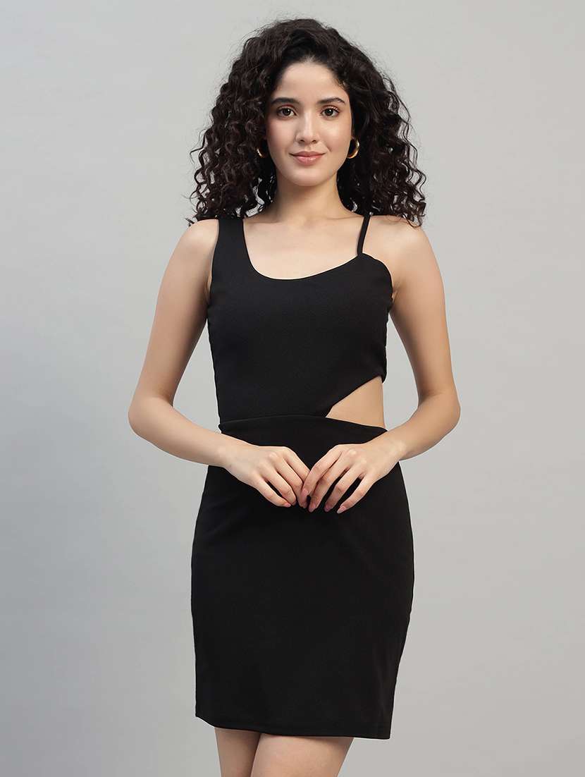 women solid shoulder strap cut out bodycon dress