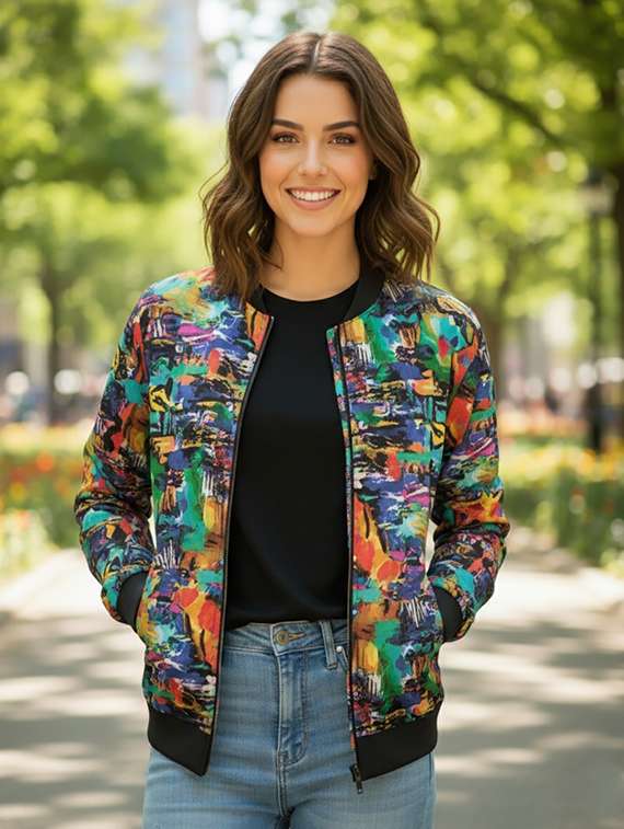 women printed long sleeve biker jacket