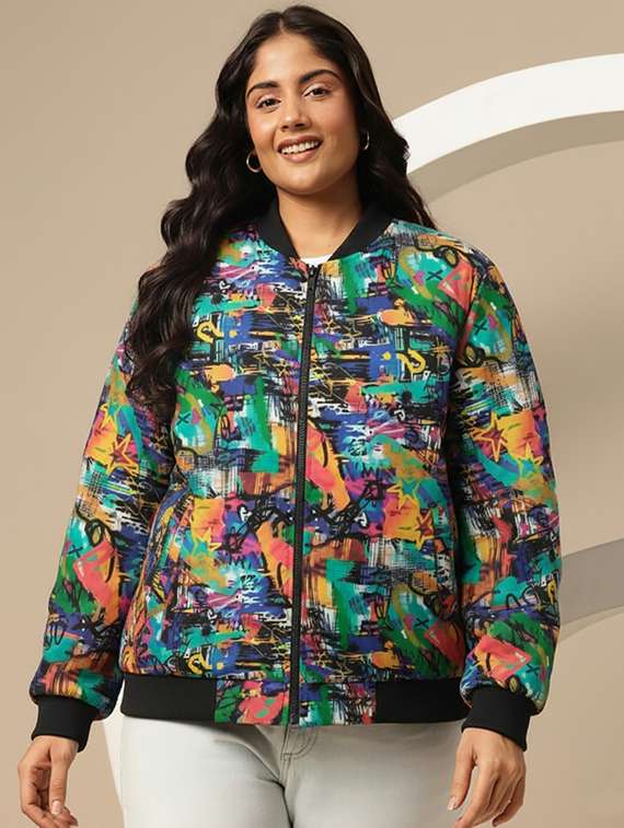 women plus size printed long sleeve biker jacket
