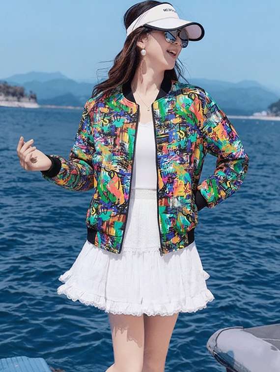 women printed long sleeve biker jacket