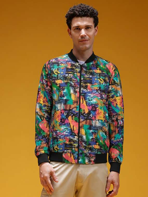 men printed long sleeve biker jacket