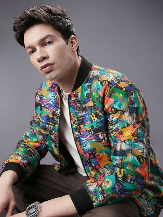 men printed long sleeve biker jacket