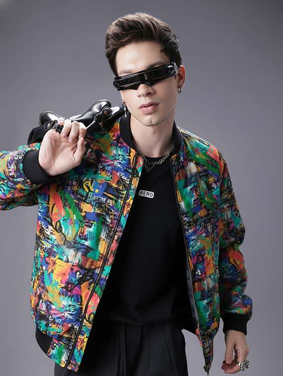 men printed long sleeve biker jacket